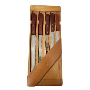 Vintage Real-Keen Wall Hanging Wood Case Knife Set 5 Pc Roast Fork